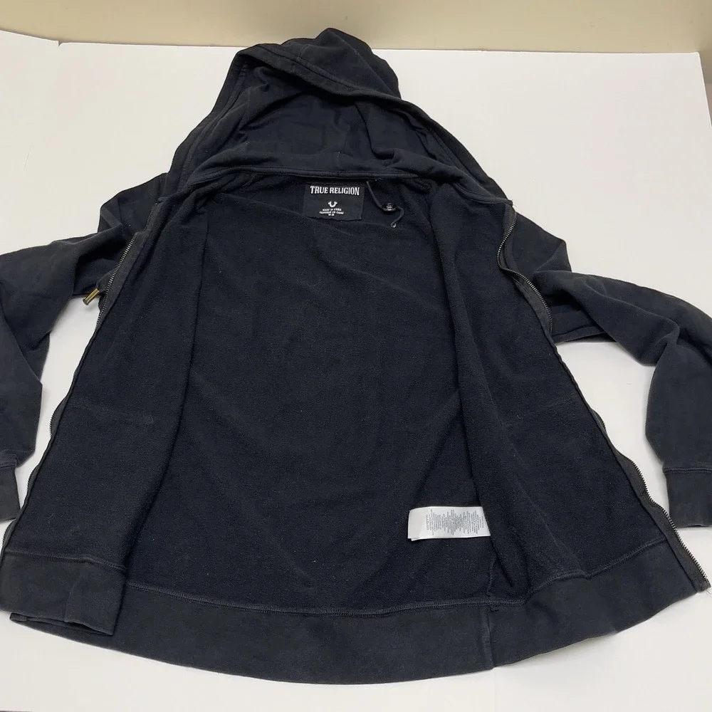 True Religion‎ Jacket Hoodie Men Medium Black Metallic Gold Double Puff Full Zip